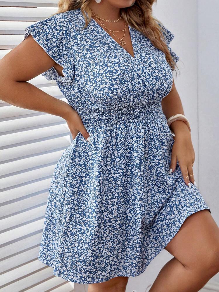 SHEIN Frenchy Vestido con estampado floral de manga mariposa - Azul y blanco - Añade 4