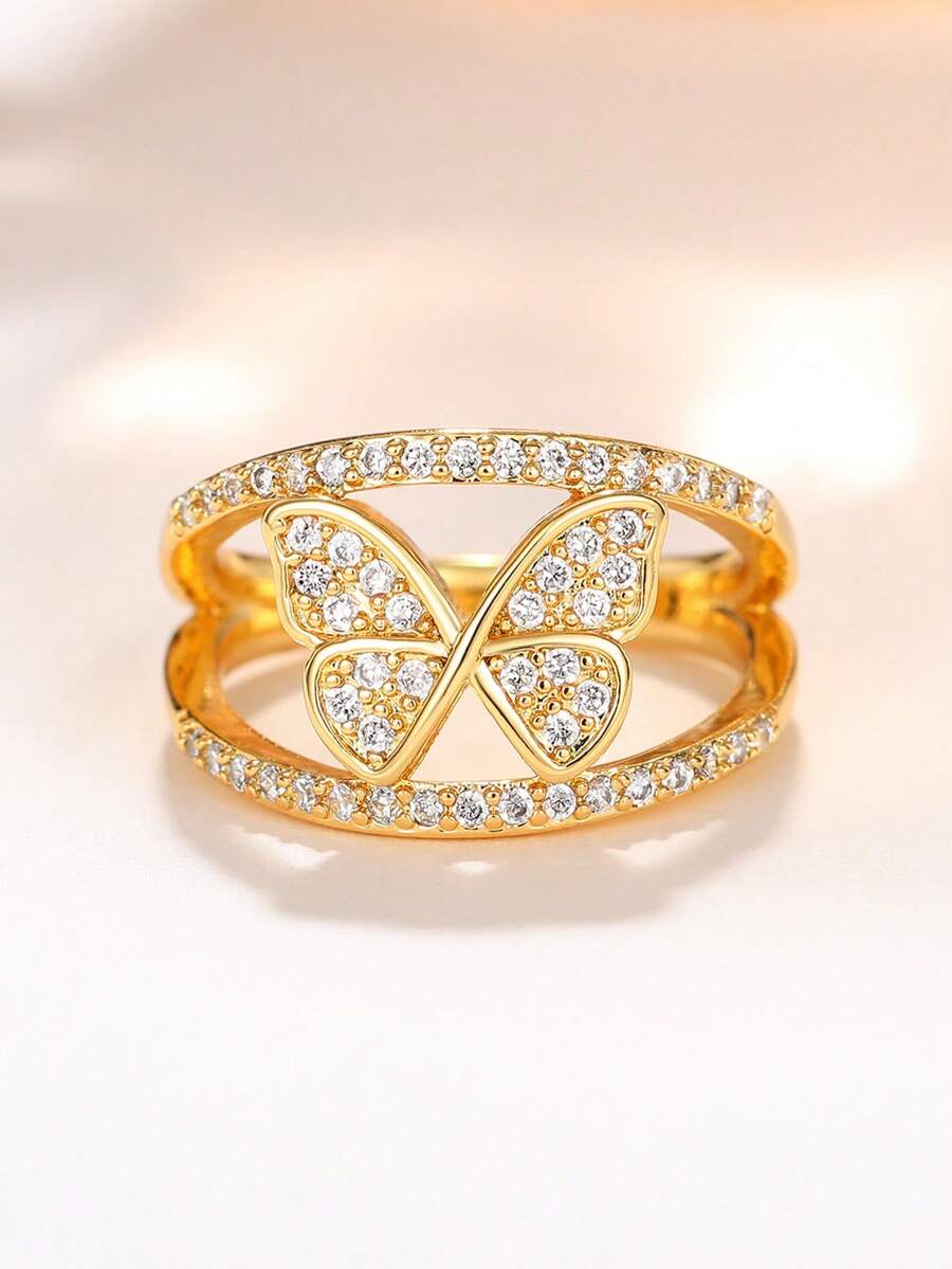 1 chiếc nhẫn hình bướm đính đá Cubic Zirconia tinh tế, phù hợp cho nữ, có thể đeo trong đám cưới, dự tiệc hoặc làm quà tặng ngày Valentine.