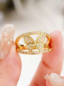 1 chiếc nhẫn hình bướm đính đá Cubic Zirconia tinh tế, phù hợp cho nữ, có thể đeo trong đám cưới, dự tiệc hoặc làm quà tặng ngày Valentine. - Vàng - Xem 3