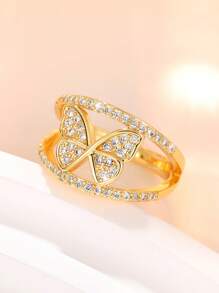 1 chiếc nhẫn hình bướm đính đá Cubic Zirconia tinh tế, phù hợp cho nữ, có thể đeo trong đám cưới, dự tiệc hoặc làm quà tặng ngày Valentine. - Vàng - Xem 5