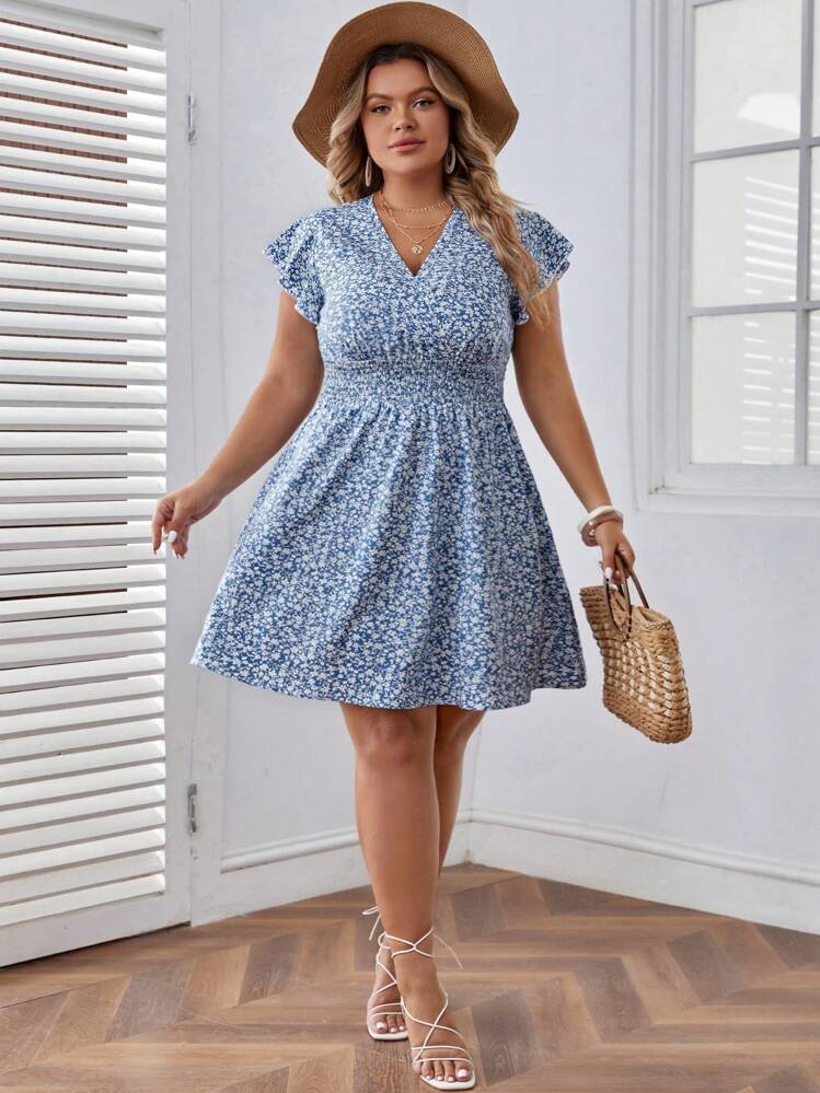 SHEIN Frenchy Vestido con estampado floral de manga mariposa - Azul y blanco - Añade 5