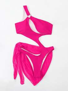 Swim SXY Summer Beach Cut-Out One Shoulder One Piece Swimsuit With Beach Skirt - Hot Pink - View 3