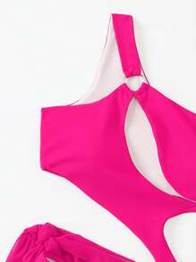 Swim SXY Summer Beach Cut-Out One Shoulder One Piece Swimsuit With Beach Skirt - Hot Pink - View 5