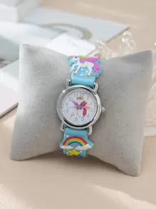 1入組兒童卡通獨角獸和彩虹圖案可愛圓形錶盤石英手錶適合日常生活 - 淺藍色 - 查看 1