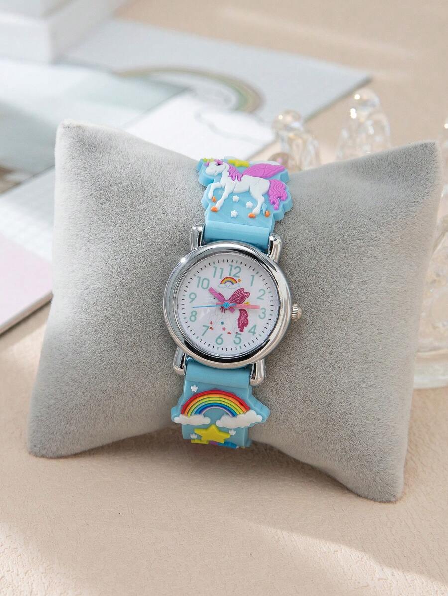 1入組兒童卡通獨角獸和彩虹圖案可愛圓形錶盤石英手錶適合日常生活 - 淺藍色 - 查看 1