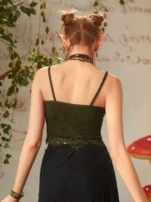 ROMWE Fairycore 蕾絲拼接吊帶上衣 - 軍綠色 - 查看 8