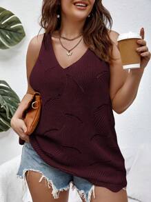 SHEIN Essnce 大碼網眼針織毛衣背心 - 酒紅色 - 查看 1