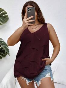 SHEIN Essnce 大碼網眼針織毛衣背心 - 酒紅色 - 查看 5