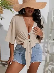 Slaydiva 大码纯色前系带和服夏季 - 杏色 - 查看 4
