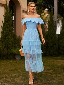 Glamaker Đầm Viên lá sen phân lớp Tương phản Mesh màu trơn Thanh lịch - Màu xanh lam - Xem 1