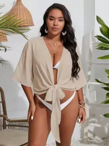 Slaydiva 大码纯色前系带和服夏季 - 杏色 - 查看 5