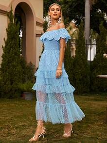 Glamaker Đầm Viên lá sen phân lớp Tương phản Mesh màu trơn Thanh lịch - Màu xanh lam - Xem 3