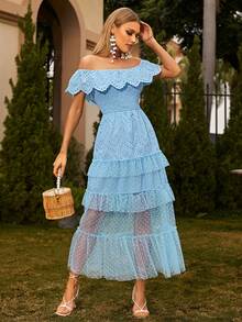 Glamaker Đầm Viên lá sen phân lớp Tương phản Mesh màu trơn Thanh lịch - Màu xanh lam - Xem 5