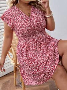 SHEIN Frenchy Đầm Plus Size Xù Trọn gói Dải chun Họa tiết hoa Boho - Đỏ và trắng - Xem 1