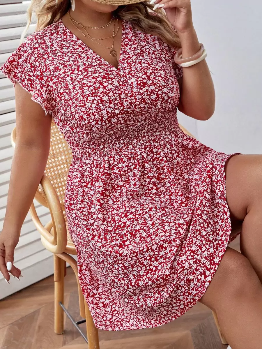 SHEIN Frenchy Đầm Plus Size Xù Trọn gói Dải chun Họa tiết hoa Boho - Đỏ và trắng - Xem 1