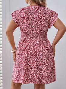 SHEIN Frenchy Đầm Plus Size Xù Trọn gói Dải chun Họa tiết hoa Boho - Đỏ và trắng - Xem 2