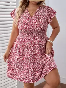 SHEIN Frenchy Đầm Plus Size Xù Trọn gói Dải chun Họa tiết hoa Boho - Đỏ và trắng - Xem 5