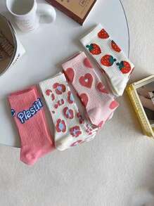 Mujer 4 pares Calcetines de tripulación con patrón de fresa transpirable de moda para diariamente - Multicolor - Ver 2