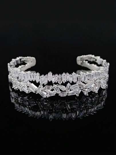 MOONSO 1入組奢華方晶鋯石裝飾開口手鐲適合女士日常裝飾適合派對宴會婚禮