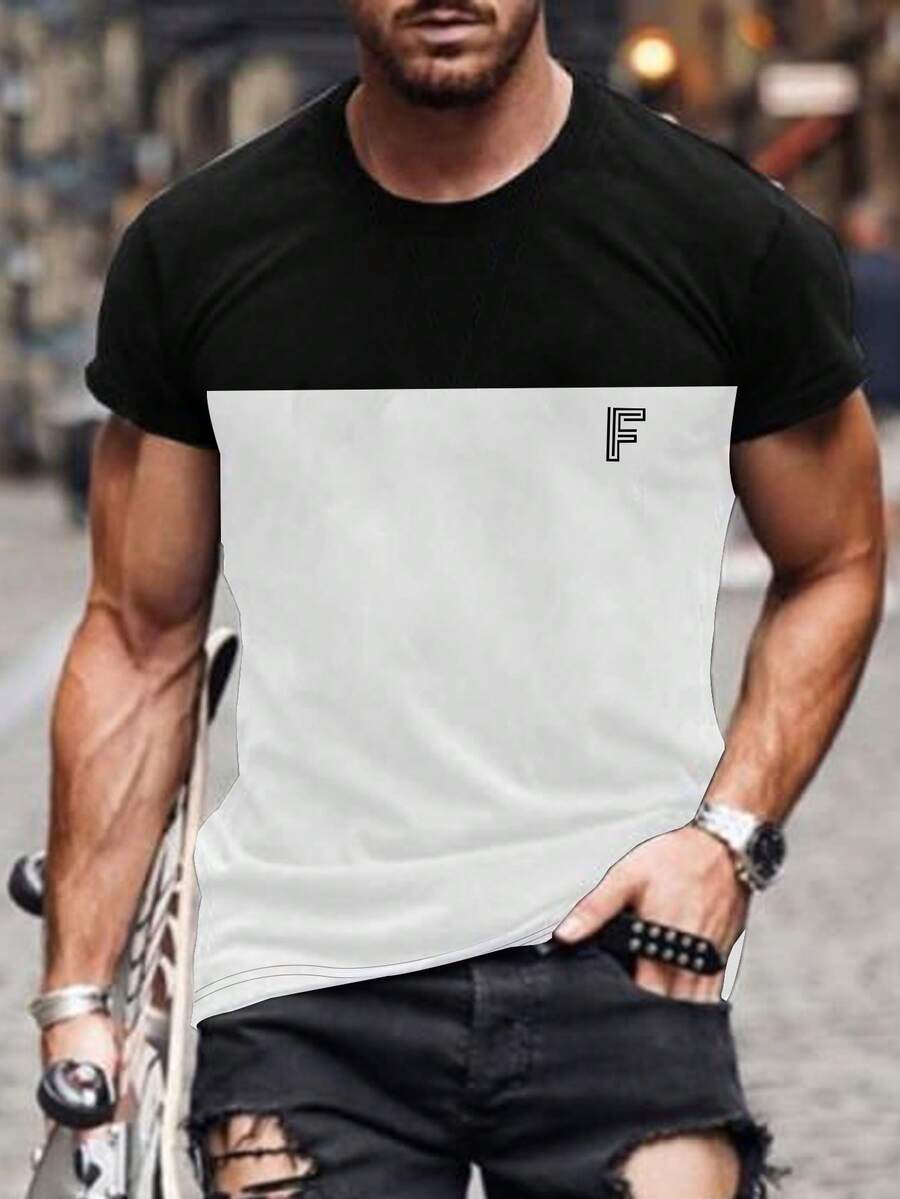 Manfinity Homme Men Plus Letter Graphic Two Tone Tee - Black and White - View 1
