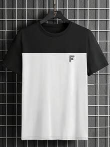 Manfinity Homme Men Plus Letter Graphic Two Tone Tee - Black and White - View 3