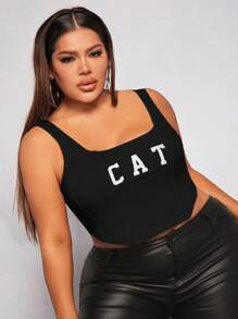 SHEIN SXY Plus Letter Graphic Crop Tank Top - Black - View 1