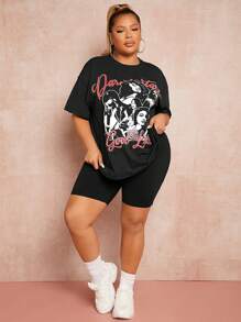 SHEIN SXY 大碼人物和字母圖案落肩T恤 - 黑色 - 查看 1