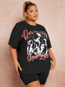 SHEIN SXY 大碼人物和字母圖案落肩T恤 - 黑色 - 查看 4