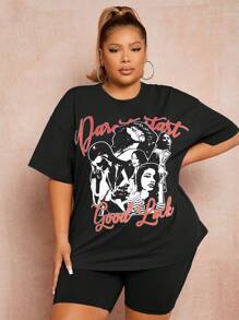 SHEIN SXY 大碼人物和字母圖案落肩T恤 - 黑色 - 查看 5