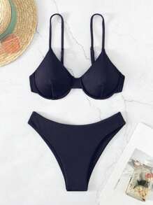 SHEIN Swim Summer Beach Solid Underwire Bikini Set - Navy Blue - View 1