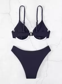 SHEIN Swim Summer Beach Solid Underwire Bikini Set - Navy Blue - View 2