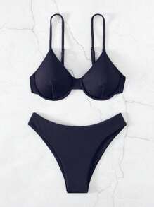 SHEIN Swim Summer Beach Solid Underwire Bikini Set - Navy Blue - View 3