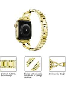 1 Dây đeo đồng hồ bằng thép không gỉ trang trí bằng kim cương giả Tương thích với Apple Watch - Vàng - Xem 2