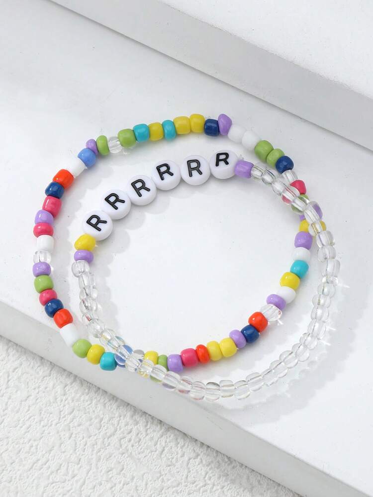 1set Random Color Letter Detail Color Block Beaded Bracelet