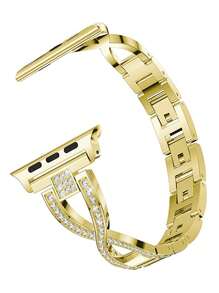 1 Dây đeo đồng hồ bằng thép không gỉ trang trí bằng kim cương giả Tương thích với Apple Watch - Vàng - Xem 6
