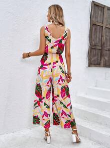 SHEIN VCAY Tropical Print Wide Leg Jumpsuit - Multicolor - View 2