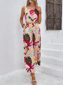 SHEIN VCAY Tropical Print Wide Leg Jumpsuit - Multicolor - View 5