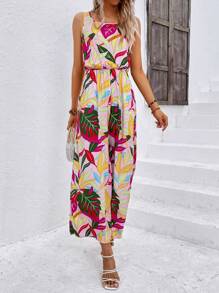 SHEIN VCAY Tropical Print Wide Leg Jumpsuit - Multicolor - View 6