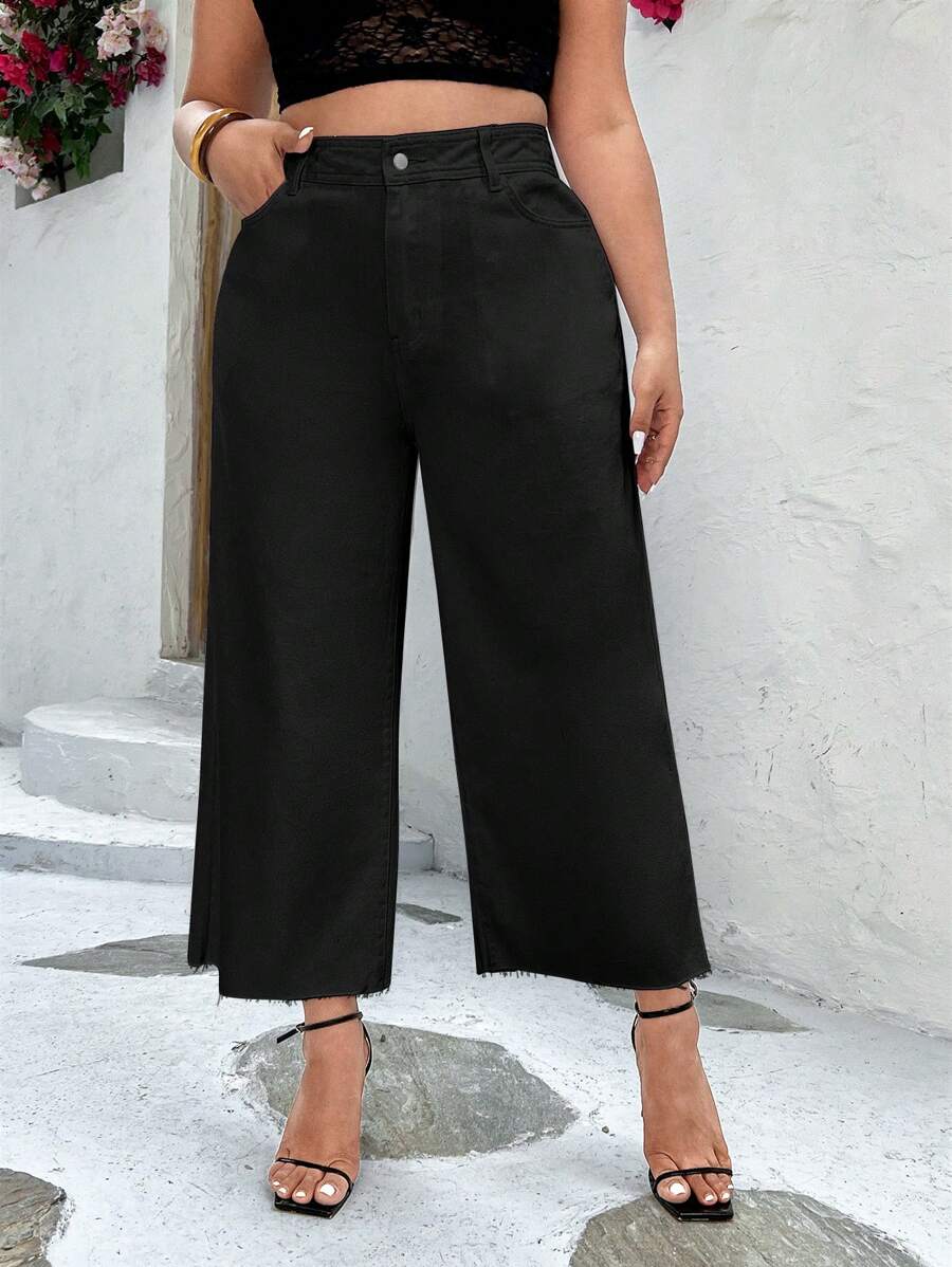 SHEIN Essnce Quần Denim kích thước lớn Nút Túi Hem thô Dây kéo màu trơn - màu đen - Xem 1