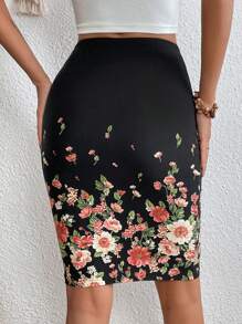 SHEIN Clasi Floral Print Bodycon Skirt - Black - View 2
