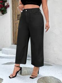 SHEIN Essnce Quần Denim kích thước lớn Nút Túi Hem thô Dây kéo màu trơn - màu đen - Xem 3