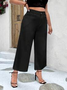 SHEIN Essnce Quần Denim kích thước lớn Nút Túi Hem thô Dây kéo màu trơn - màu đen - Xem 4