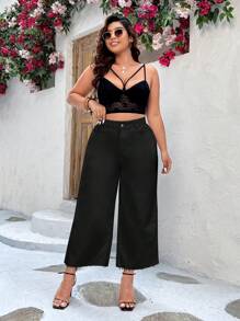 SHEIN Essnce Quần Denim kích thước lớn Nút Túi Hem thô Dây kéo màu trơn - màu đen - Xem 5