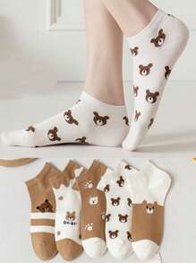5雙女式卡通熊圖案學院風及踝襪適合日常生活