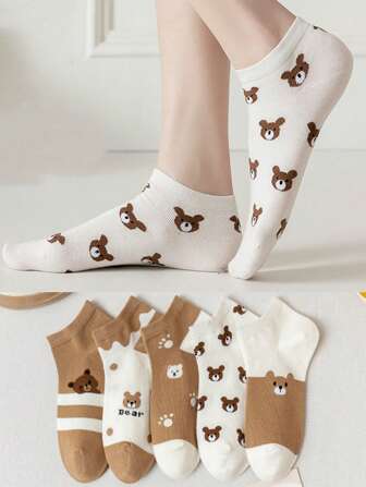 5雙女式卡通熊圖案學院風及踝襪適合日常生活