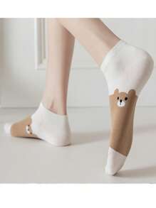 5雙女式卡通熊圖案學院風及踝襪適合日常生活