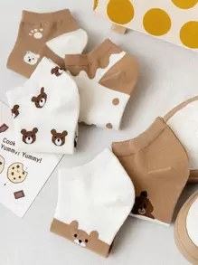 5雙女式卡通熊圖案學院風及踝襪適合日常生活