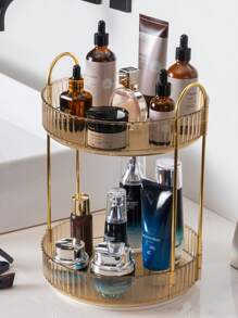 1pc Double Layer Desktop Makeup Storage Holder, Modern Spiral Design Plastic Makeup Holder For Home - Clear - View 7