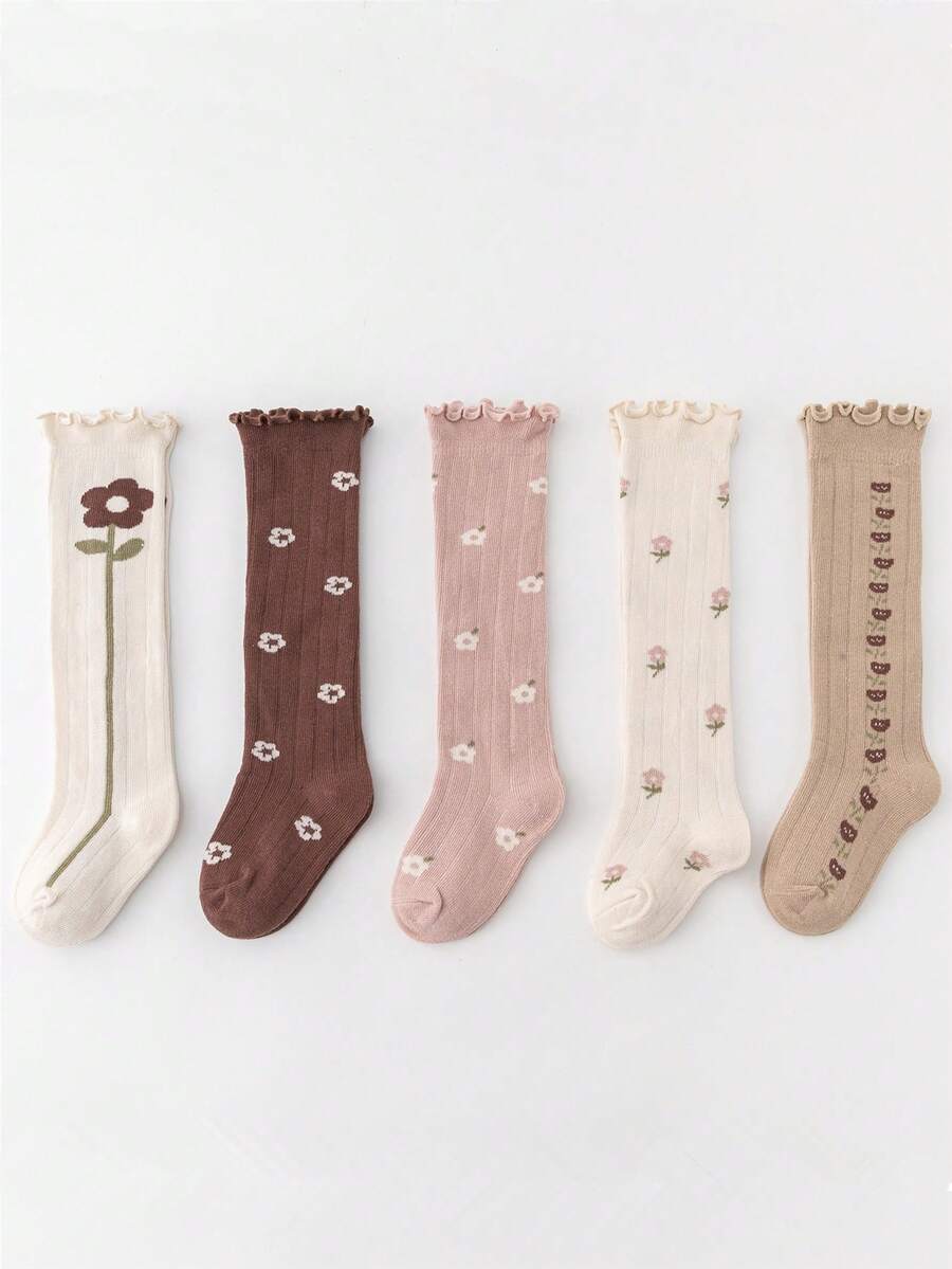 5雙嬰兒花卉圖案柔軟長筒襪適合春天