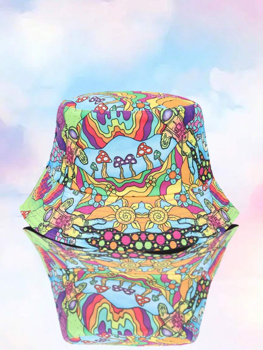 1pc Women Multi-Color Mushroom Print Reversible Bucket Hat, Suitable For Beach Vacation, Outdoor Travel, Party, Daily Sunscreen Wear - Multicolor - View 1